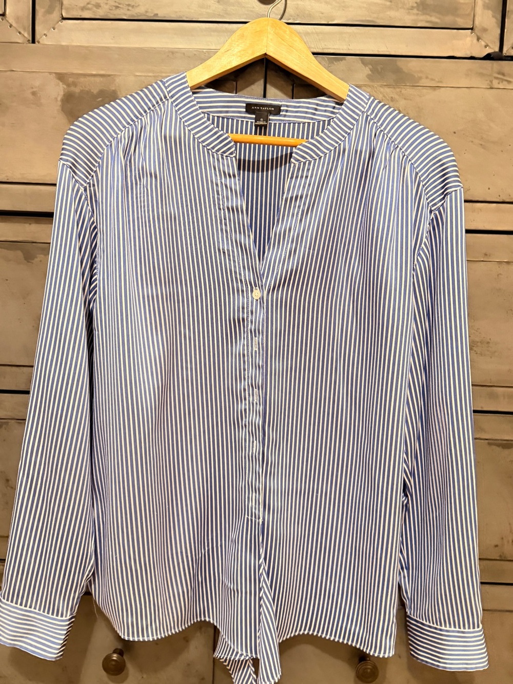 Ann Taylor Blue and White Striped Ban Satin Shirt (S)